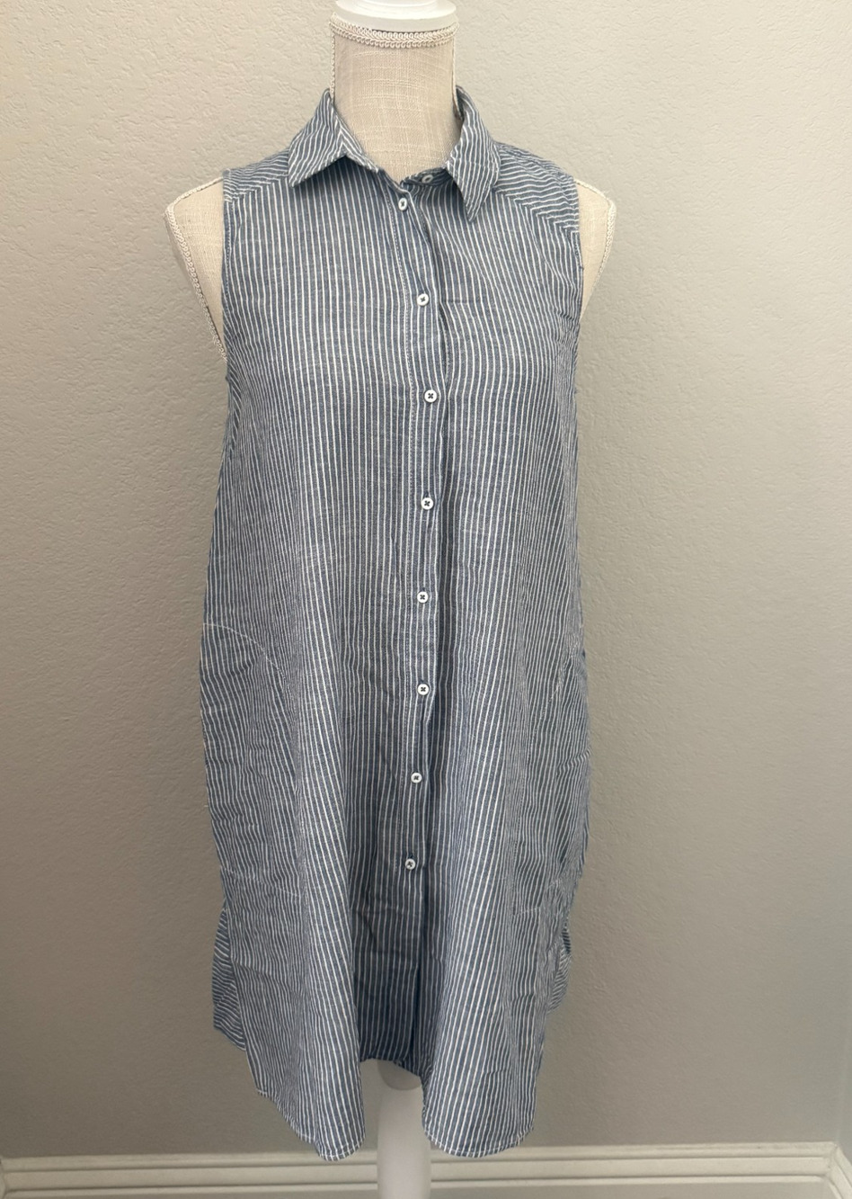 Zara Basic Z1975 Denim XS Blue White Stripe Sleeveless Shirt Dress Cotton Tunic